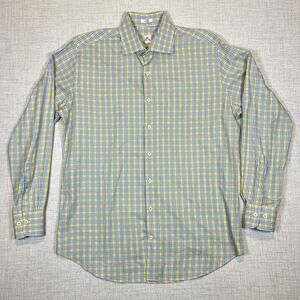Peter Millar Mens Dress Shirt Size L Button Down log sleeve Blue Yellow Check